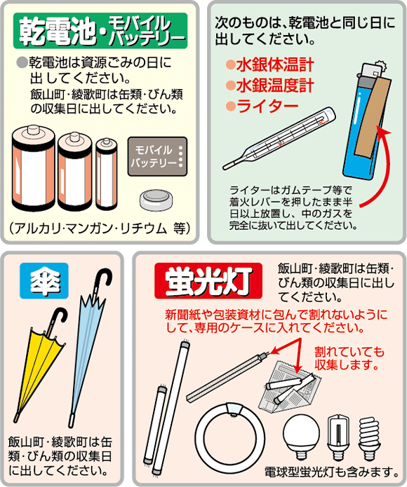 乾電池・モバイルバッテリー・傘・ライター・蛍光灯等は資源ごみ