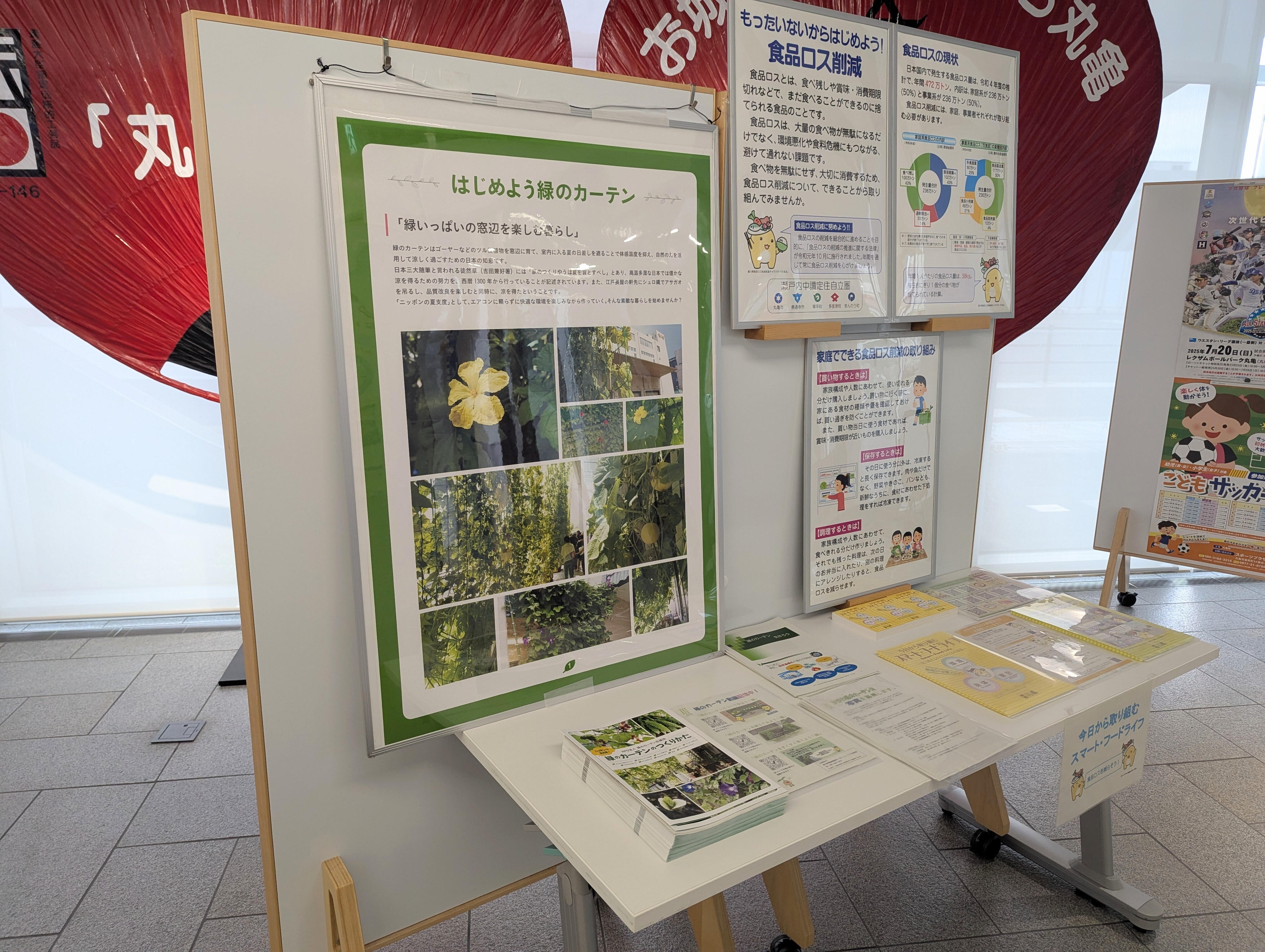 パネル展示の様子、緑のカーテン、食品ロス