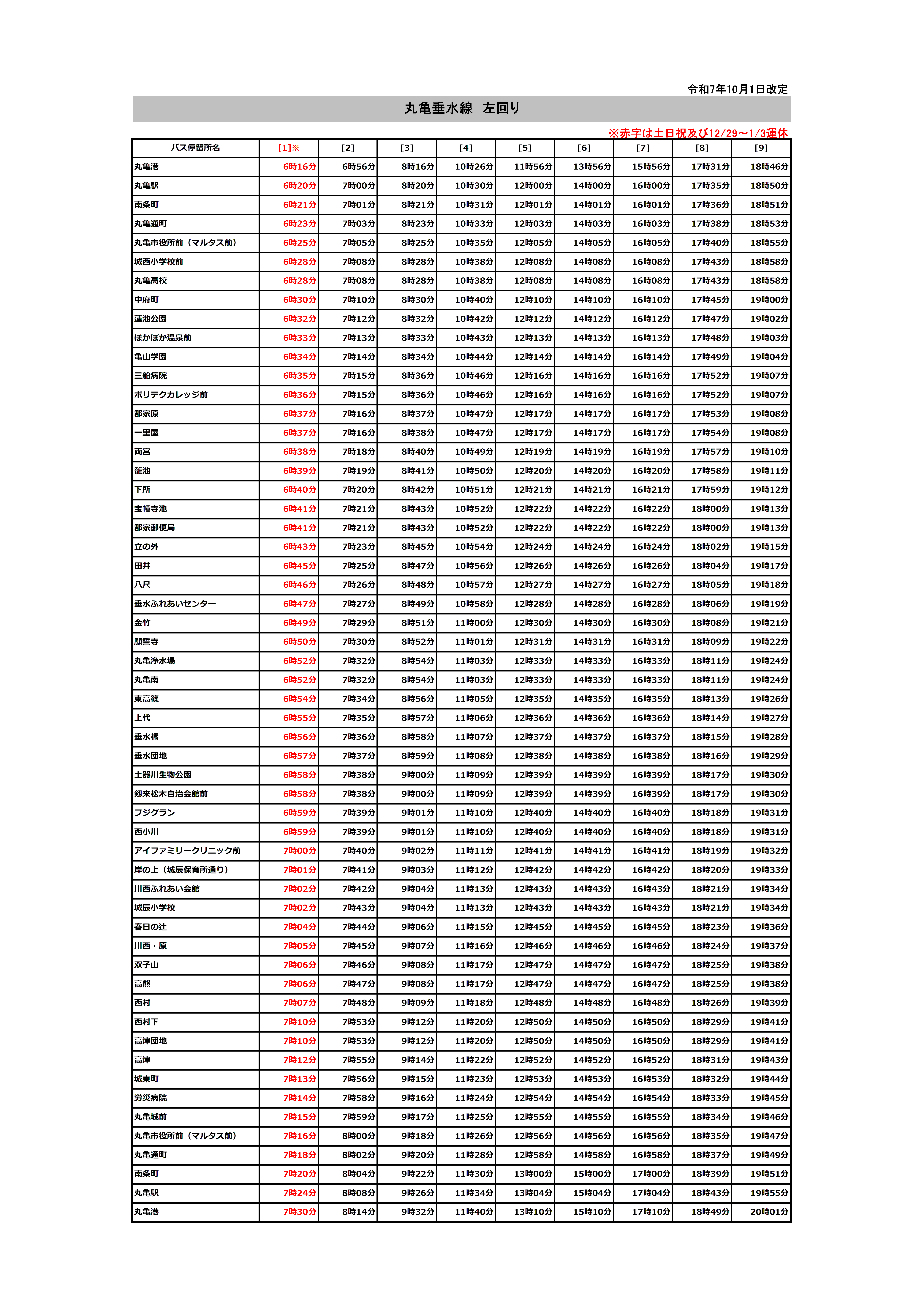 丸亀垂水線（左回り）時刻表